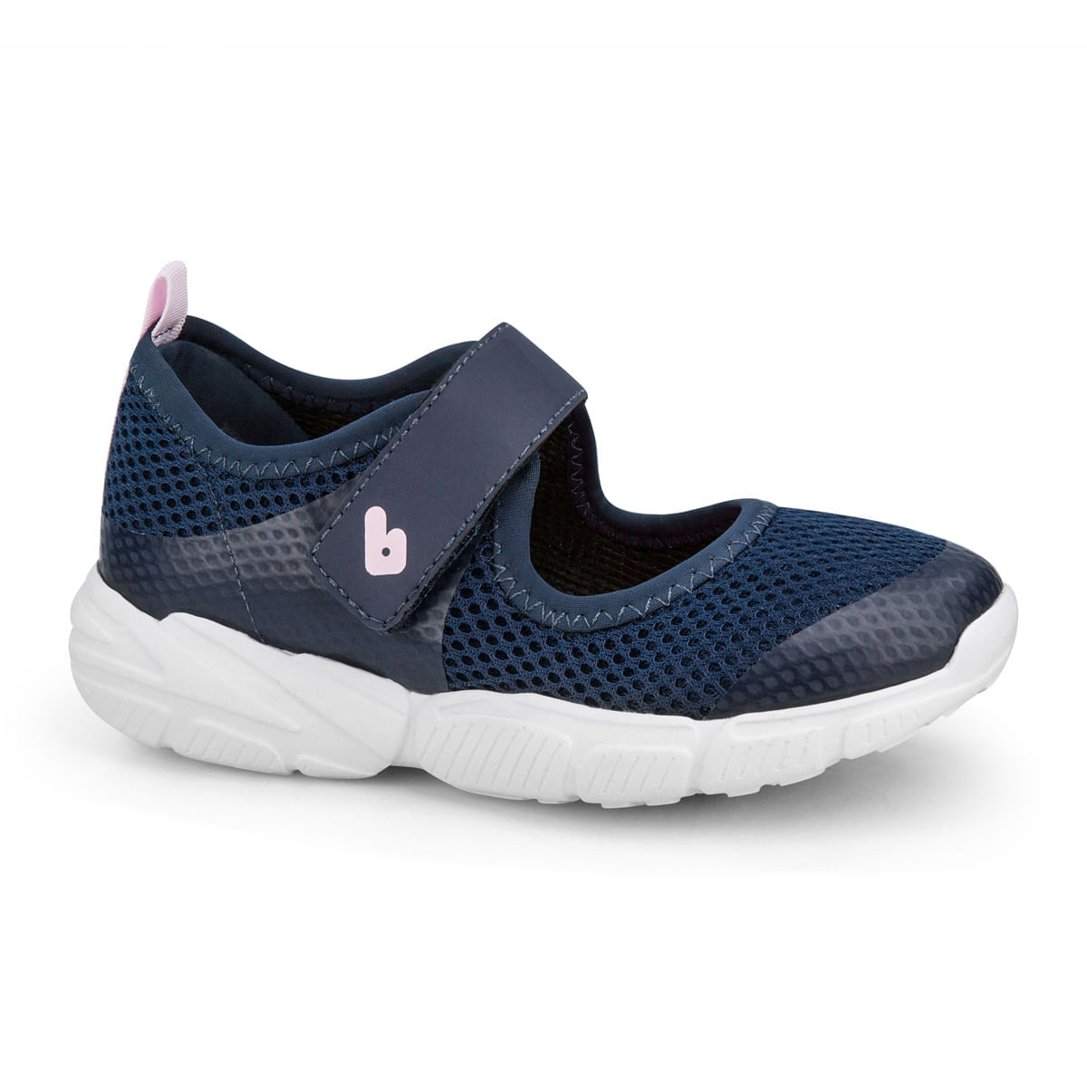Tênis infantil feminino azul marinho com fechamento em velcro e solado branco flexível, ideal para crianças