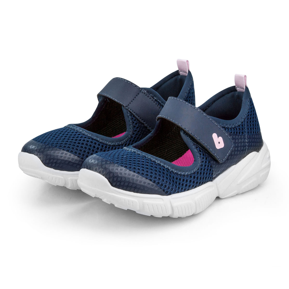 Tênis infantil feminino azul marinho com palmilha rosa e solado branco, ideal para conforto e ajuste fácil