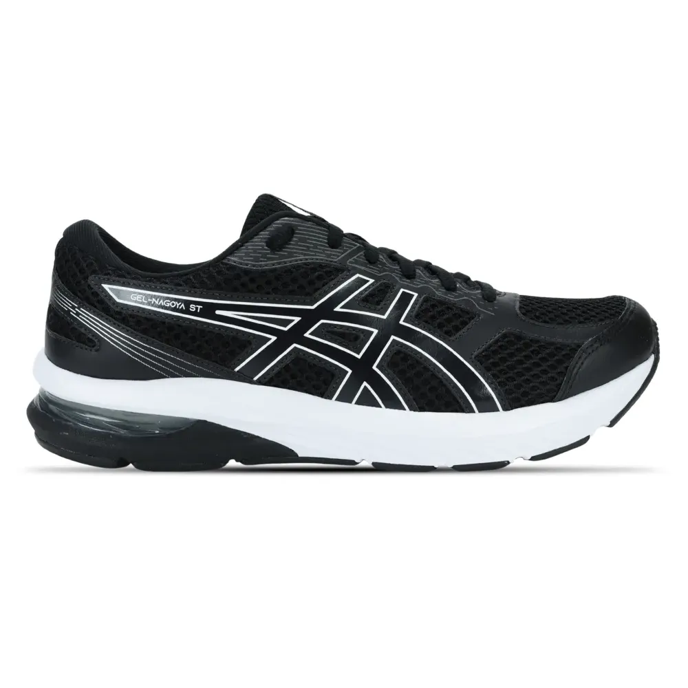 Tênis masculino Asics Gel-Nagoya ST preto com detalhes brancos, vista lateral esquerda, cabedal em mesh respirável e sobreposições sintéticas.
