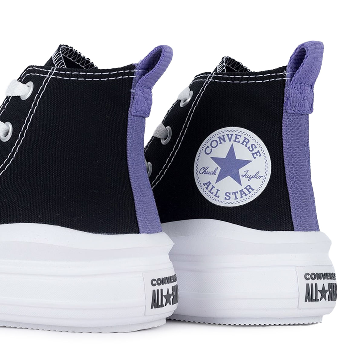 Tênis Converse All Star infantil preto vista frontal-lateral com detalhes lilás