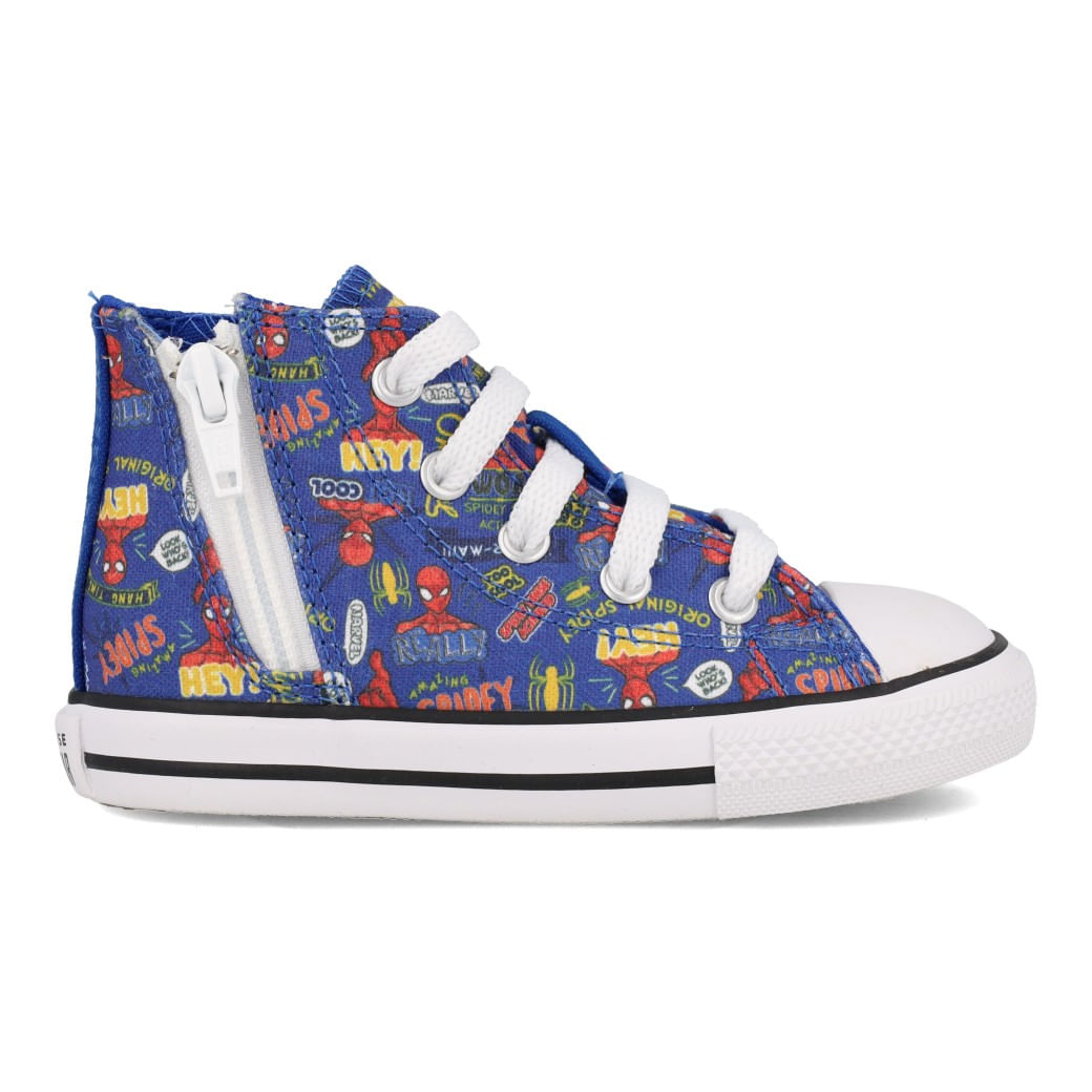 Tênis infantil All Star Chuck Taylor Spider em lona azul com estampa do Homem-Aranha, vista lateral direita