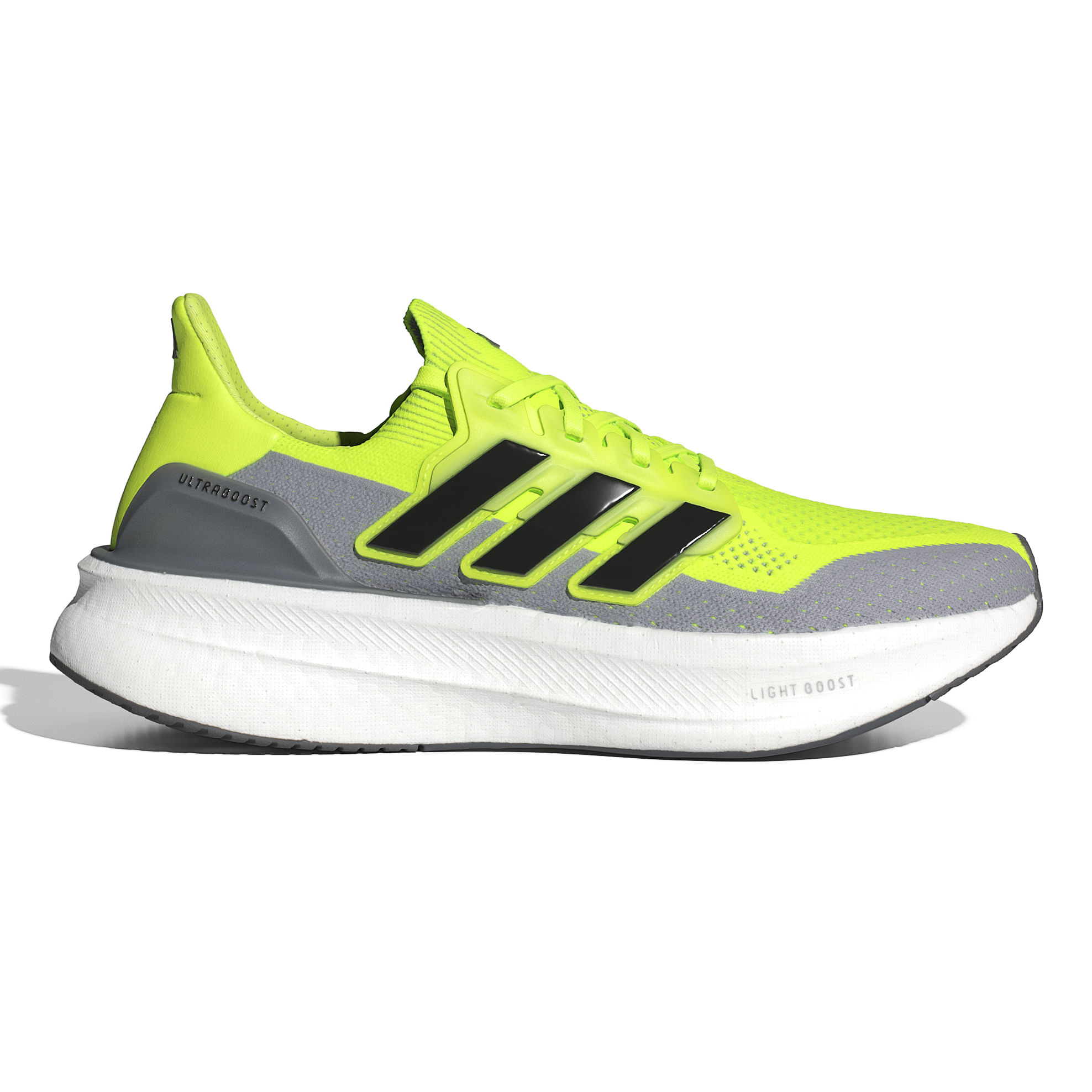 Tênis Adidas Ultraboost 5 masculino verde neon com detalhes cinza, vista lateral esquerda com solado branco e cadarço verde
