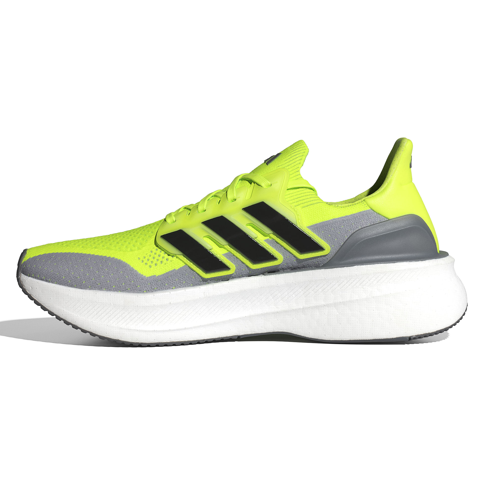 Tênis Adidas Ultraboost 5 masculino verde neon vista lateral medial direita com solado branco e fechamento por cadarço