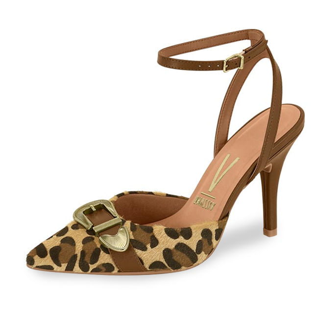 Scarpin Vizzano feminino estampa onça vista frontal para ajuste e conforto