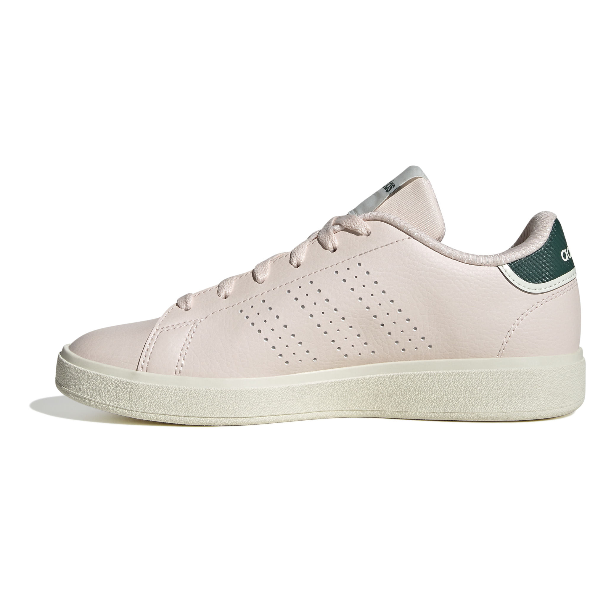 Tênis Adidas Advantage Base 2.0 feminino rosa claro visto de perfil lateral esquerdo com logo Adidas no calcanhar