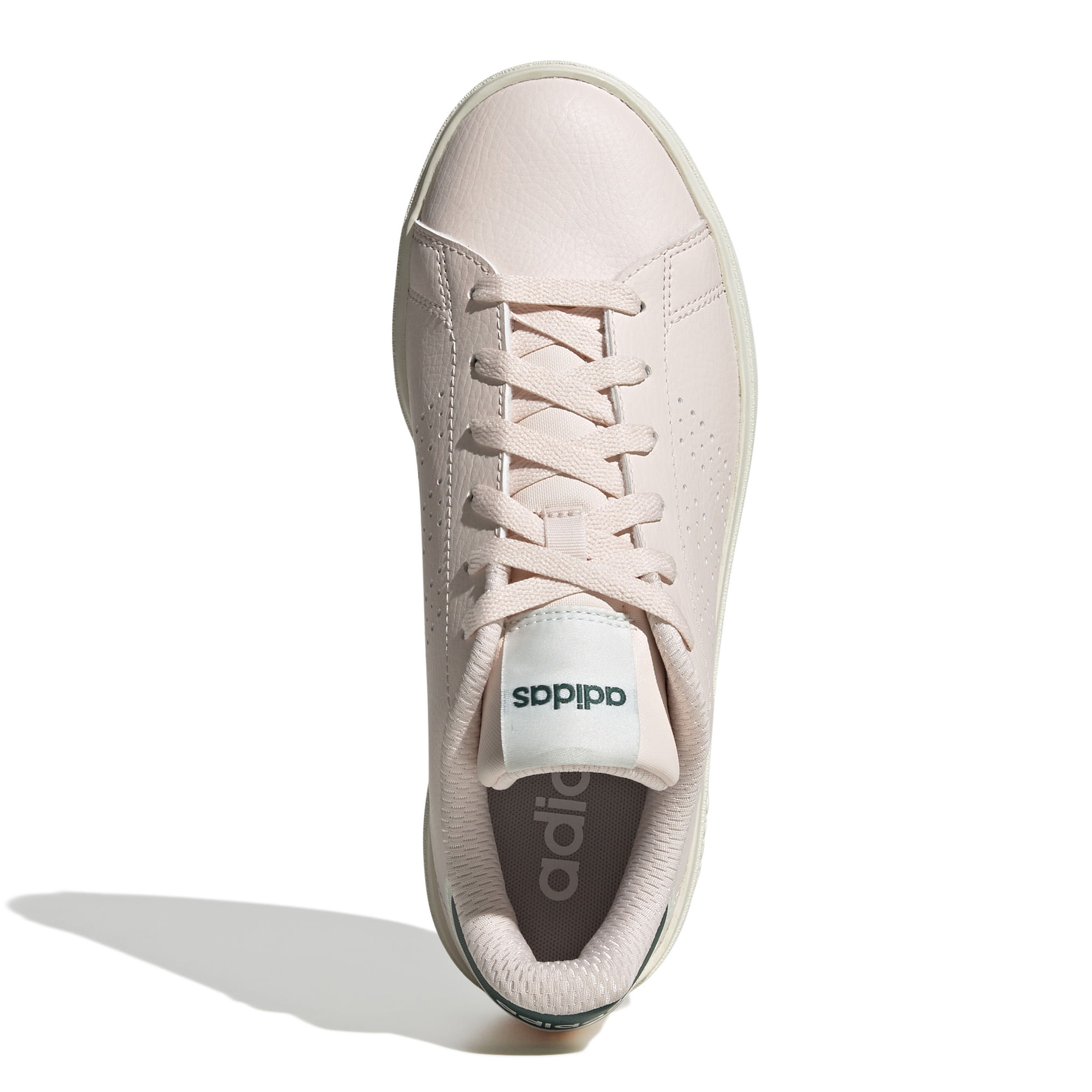 Vista superior do tênis Adidas Advantage Base 2.0 feminino rosa com cadarços e interior acolchoado