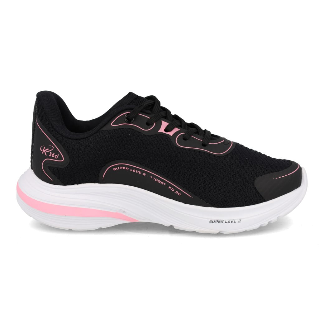 Tênis infantil feminino Kidy Confort preto com detalhes rosa chiclete, vista lateral direita em fundo branco