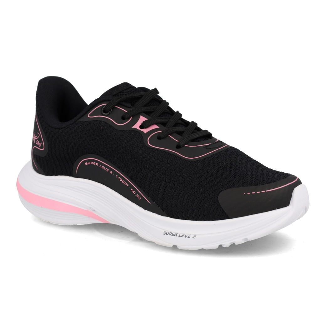 Tênis infantil feminino Kidy Confort preto com detalhes rosa, vista lateral frontal com destaque no solado branco
