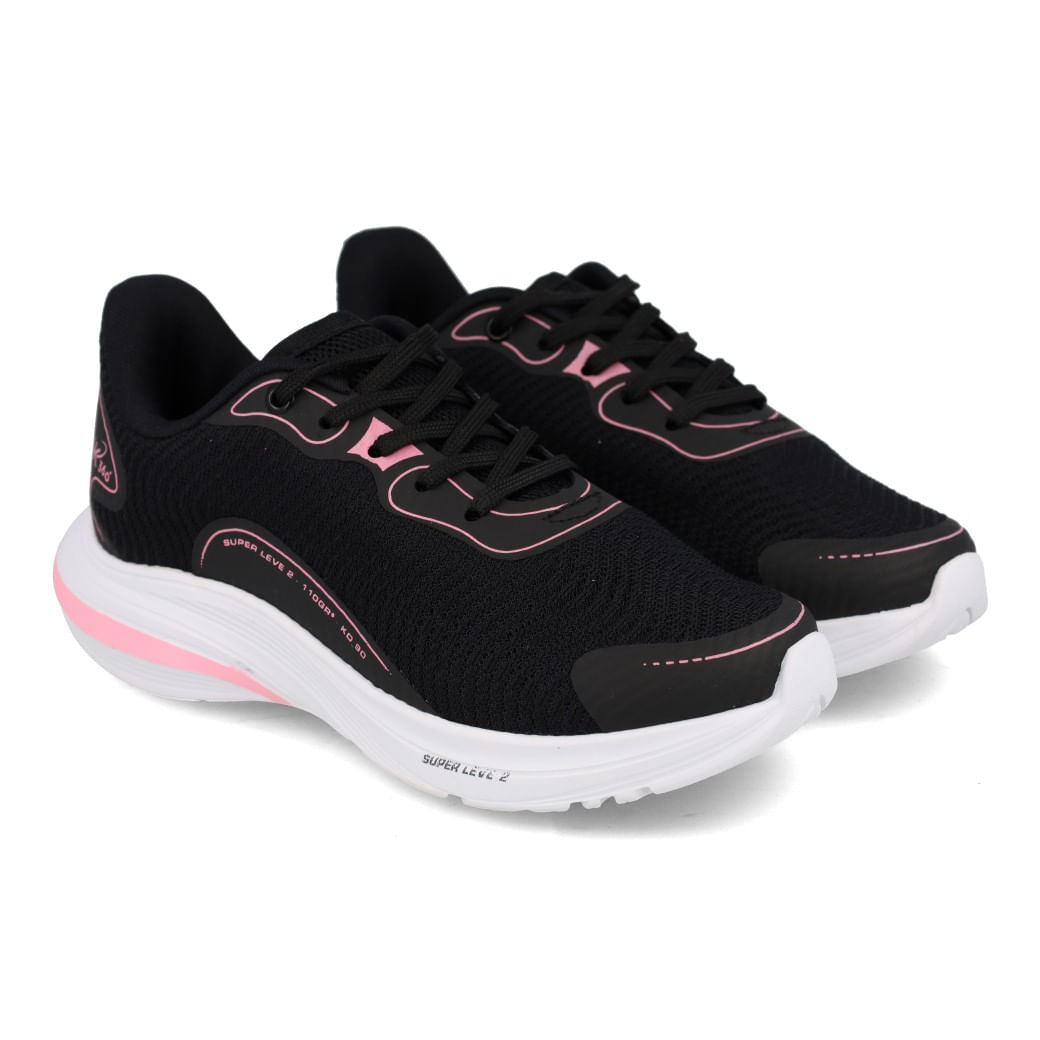 Par de tênis infantil feminino Kidy Confort preto com detalhes rosa chiclete em fundo branco