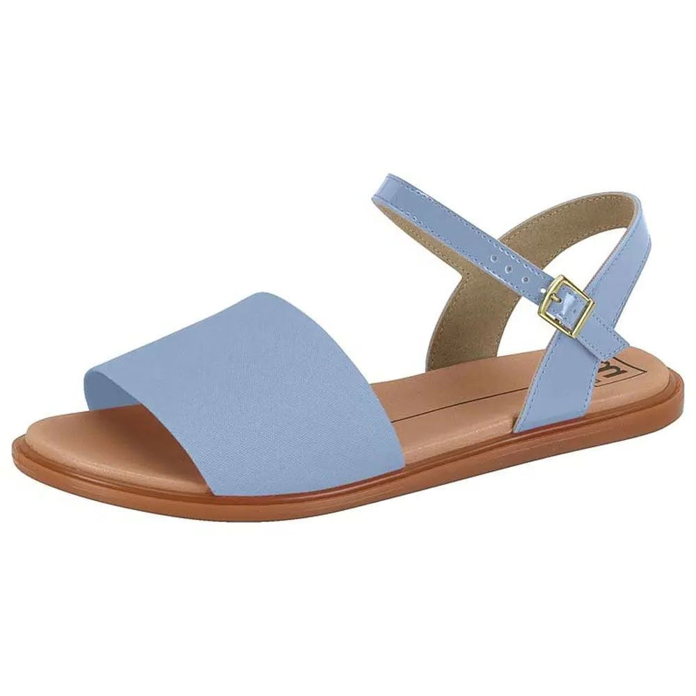 Sandália feminina azul claro com design casual e fechamento em fivela dourada vista lateral