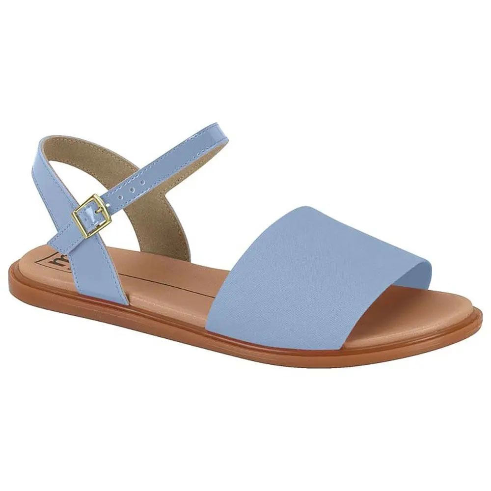 Sandália feminina azul jeans com tira frontal larga em tecido e fivela dourada ajustável vista lateral
