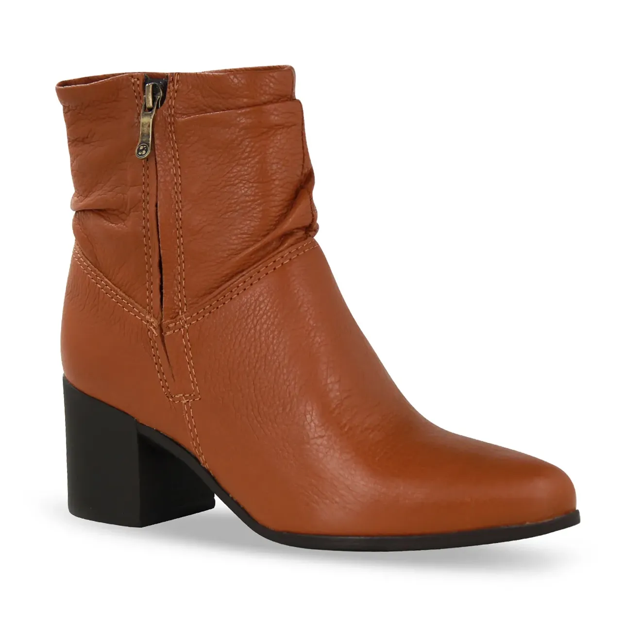Bota Ankle Boot Bottero Feminina em couro conhaque com design franzido e salto bloco, vista lateral com zíper.