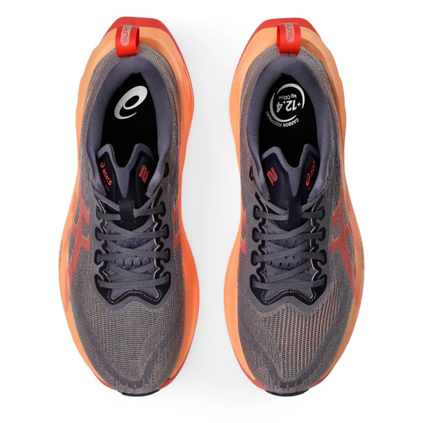 Visão superior do tênis Asics Superblast 2 masculino roxo com detalhes em laranja