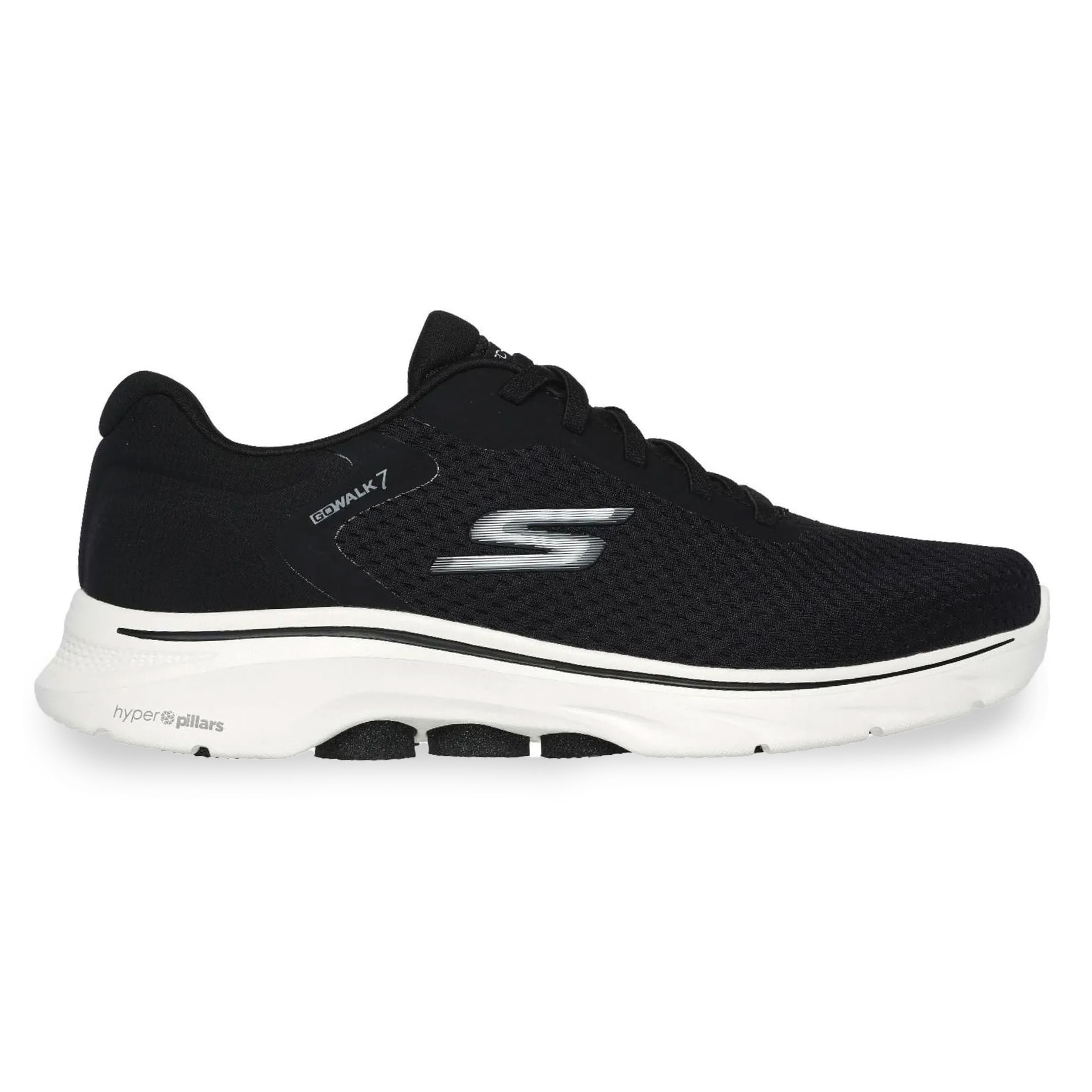 Tênis Skechers Go Walk 7 feminino preto perfil externo mostrando detalhes do cabedal e solado