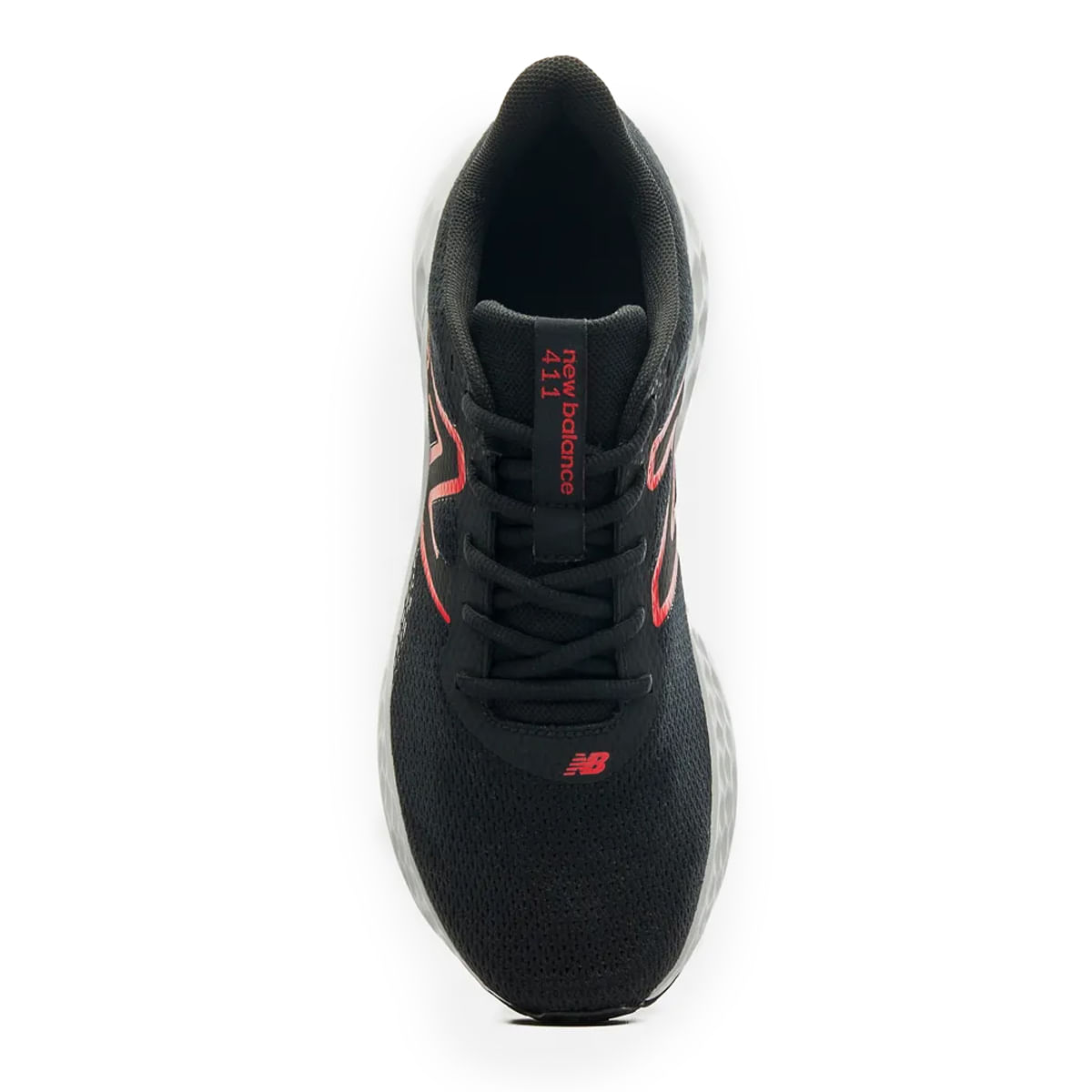 Vista superior do tênis New Balance 411v3 masculino preto com cabedal em mesh respirável