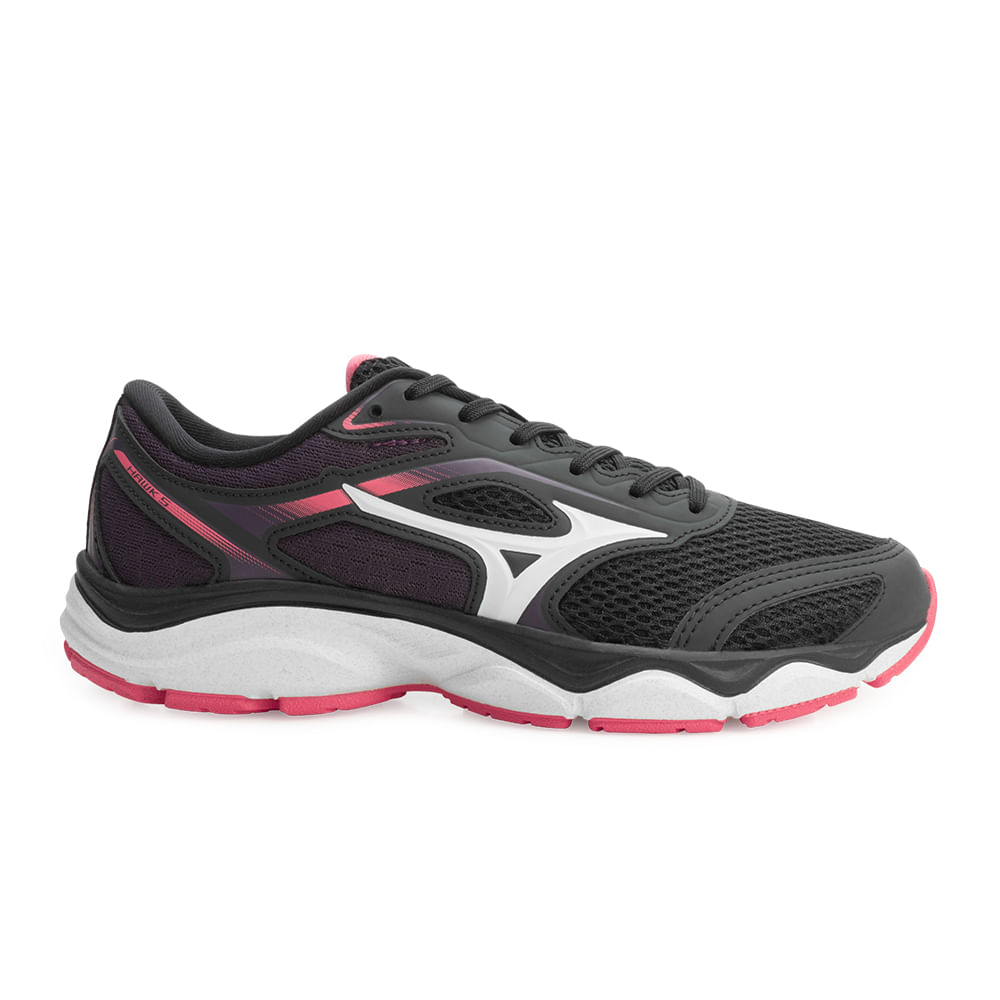 Tênis Mizuno Wave Hawk 5 Feminino Preto com design de corrida e detalhes em branco e rosa