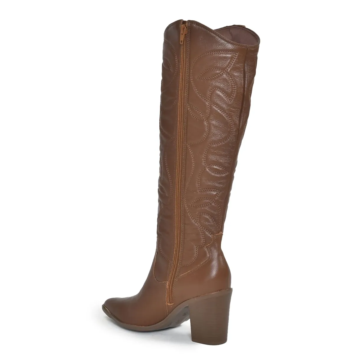 Bota feminina cano alto cor mascavo em couro, vista lateral direita mostrando zíper e salto bloco médio