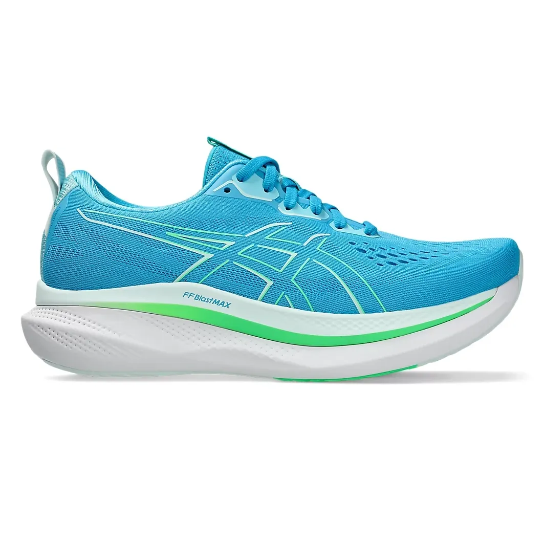 Tênis esportivo Asics Glideride Max masculino azul aqua visto lateral direita