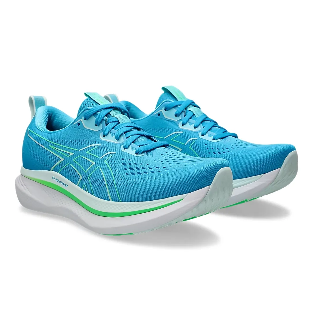 Tênis Asics Glideride Max masculino azul aqua visto frontal com detalhes da sola
