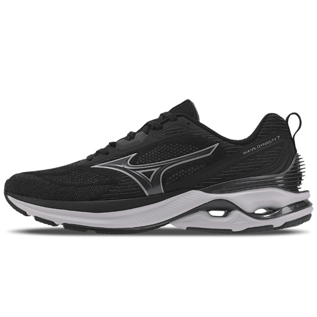 Tênis de corrida masculino Mizuno Dynasty 7 preto com detalhes cinza vista lateral direita