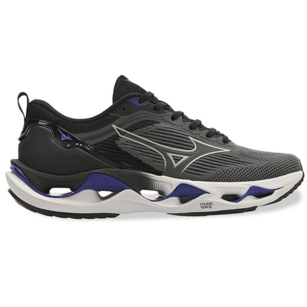 Tênis Mizuno W Stratos 3 masculino chumbo com detalhes azuis e branco vista lateral direita