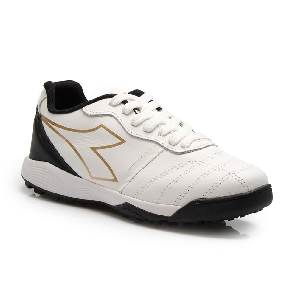Chuteira society masculina Diadora Calcio Elite branca preto dourado vista frontal lateral