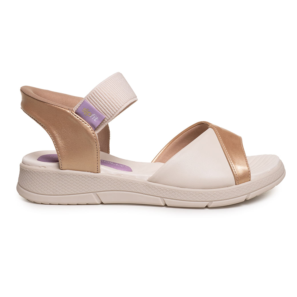 Sandália feminina dourada e off white conforto Piccadilly com sola branca antiderrapante