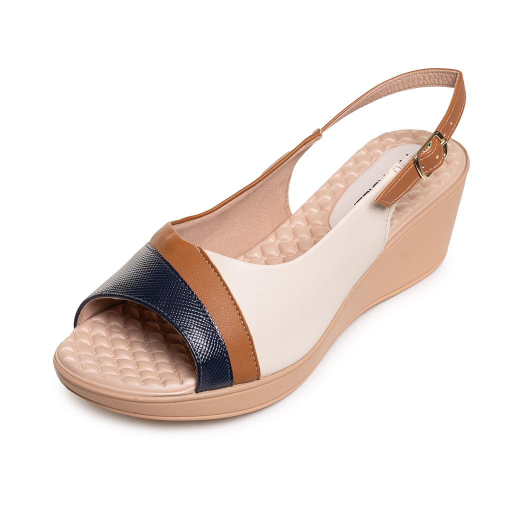 Sandália feminina conforto off white mascavo navy com palmilha almofadada em solado cunha