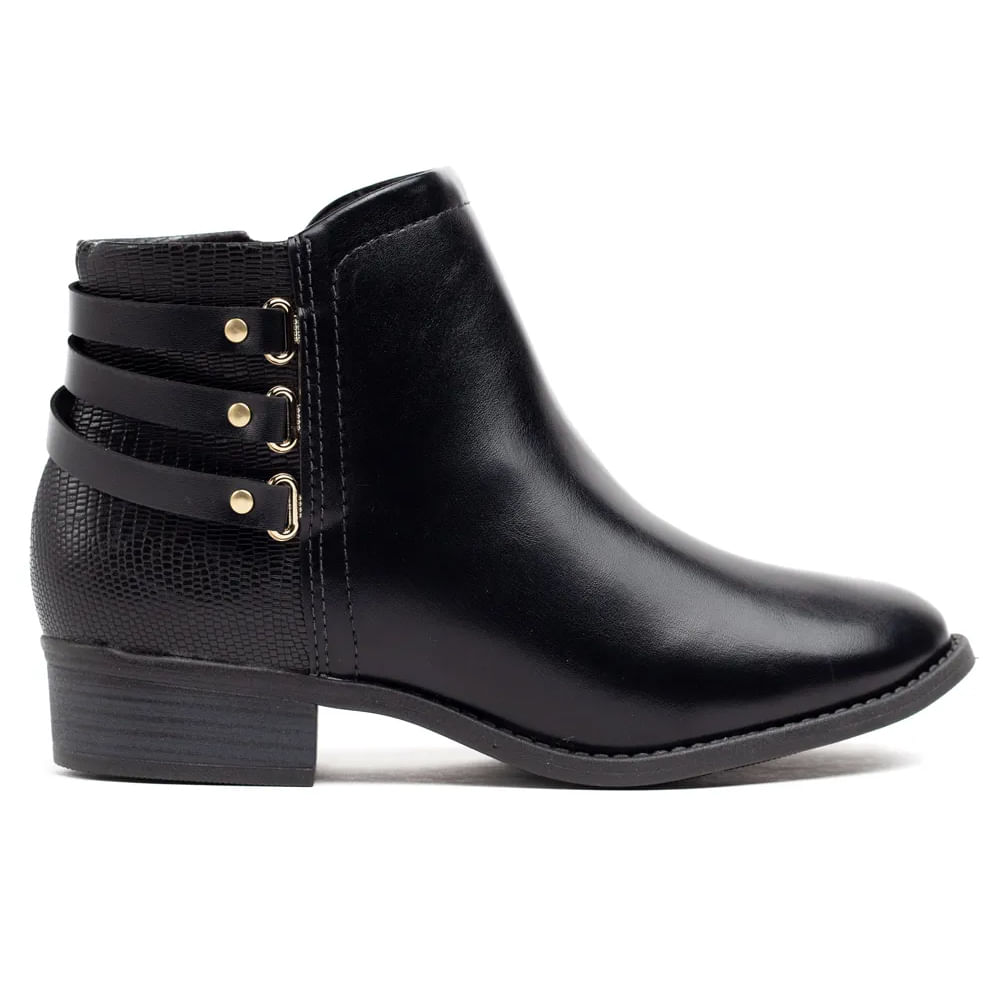 Bota feminina preta Modare Ultraconforto em napa com tiras e salto baixo vista lateral direita
