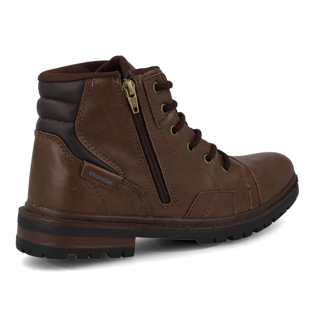 Bota casual masculina tabaco vista lateral direita com cadarço e zíper, material sintético