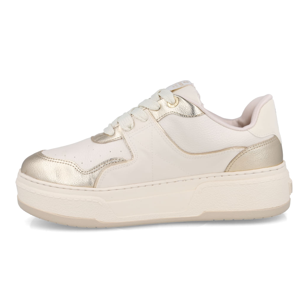Tênis feminino Via Marte marfim com detalhes dourados vista lateral esquerda