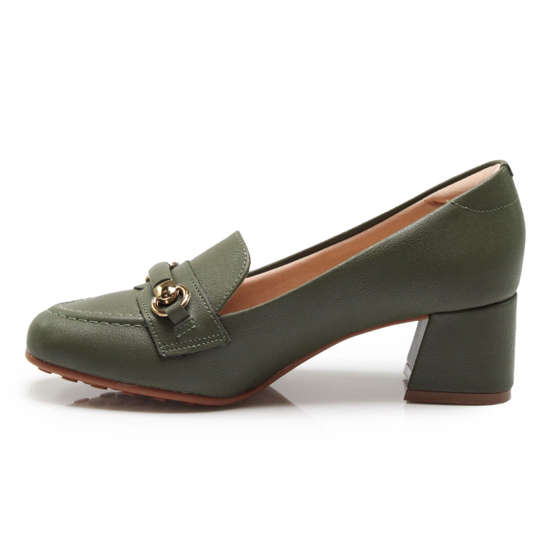 Sapato Casual Modare Floather Nature Feminino Oliva com salto grosso visto de lado com detalhe metálico dourado