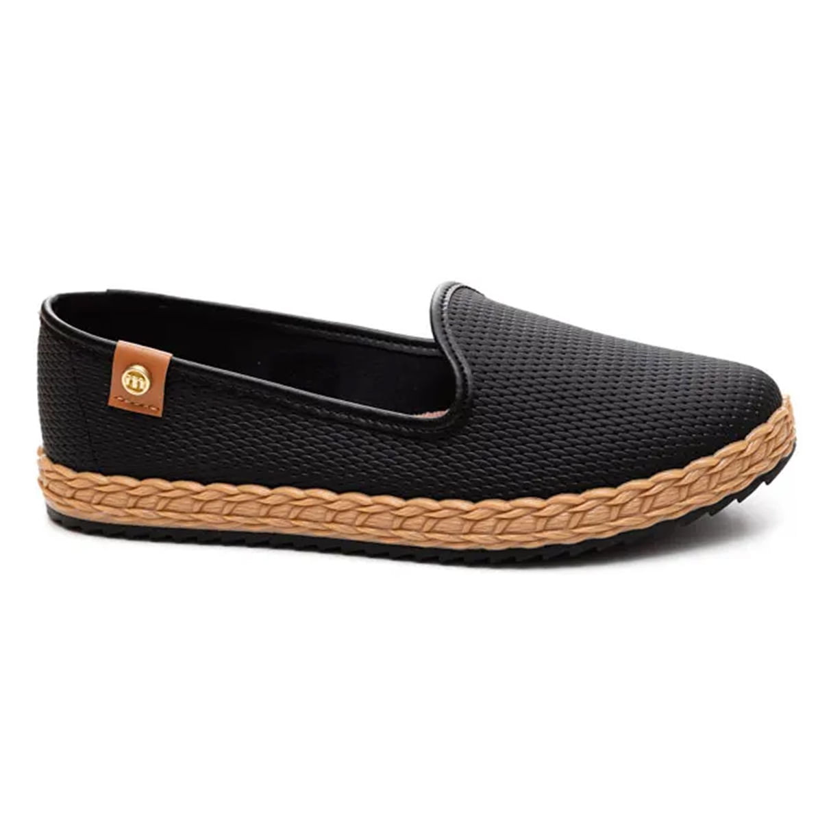 Sapatilha Casual Moleca Napa Tressê Feminina Preta com solado trançado caramelo estilo espadrille
