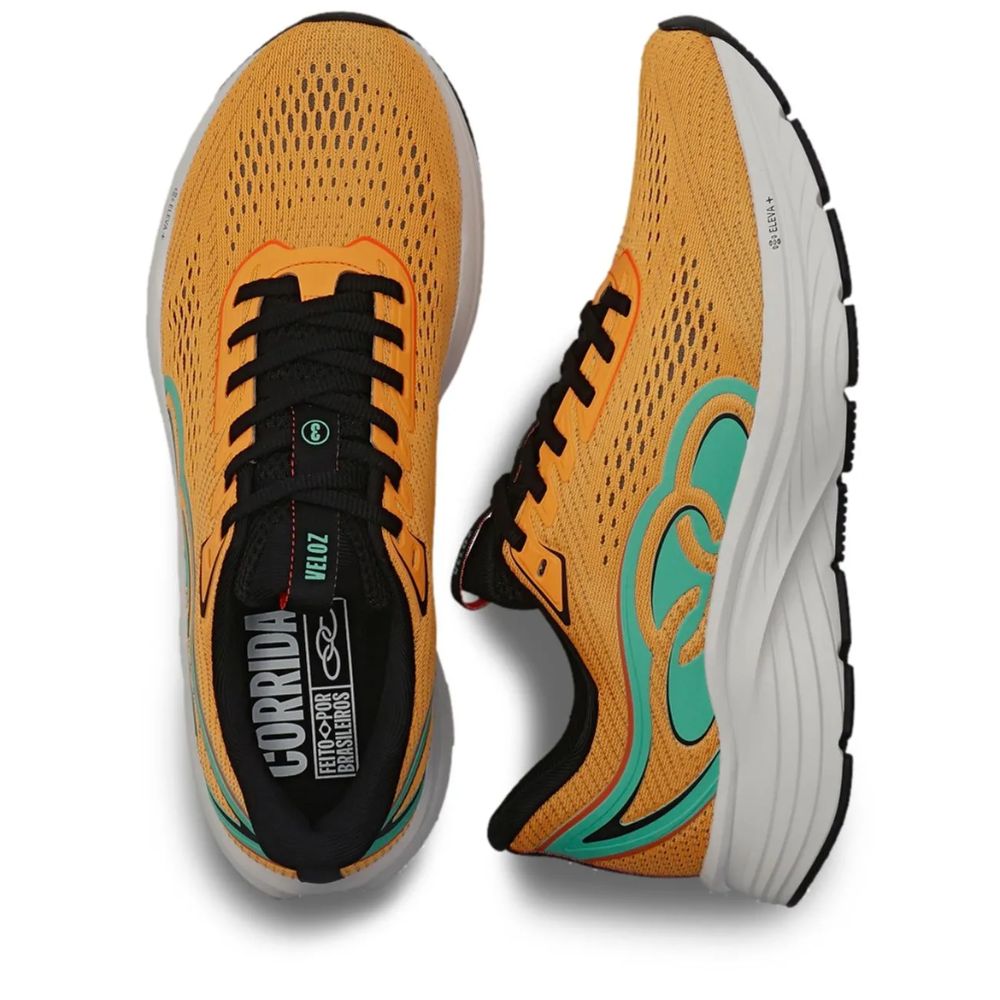 Vista superior tênis Olympikus Veloz 3 laranja mostrando cabedal em mesh ventilado