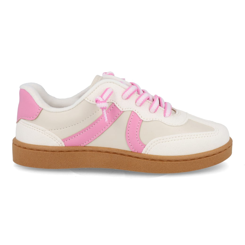 Tênis casual feminino infantil branco off com detalhes rosas e sola marrom clara lateral direita