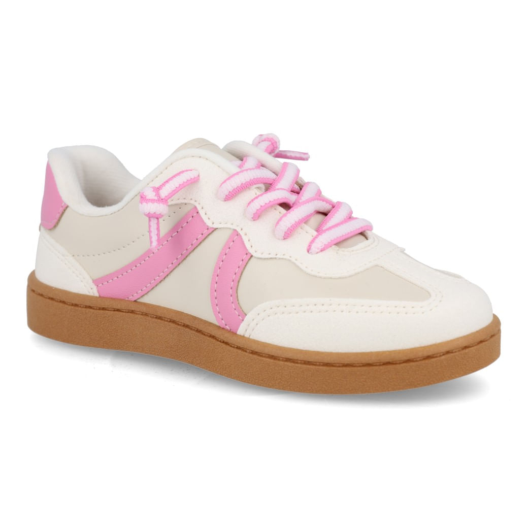 Tênis casual feminino infantil branco off com detalhes em rosa frontal lateral direita