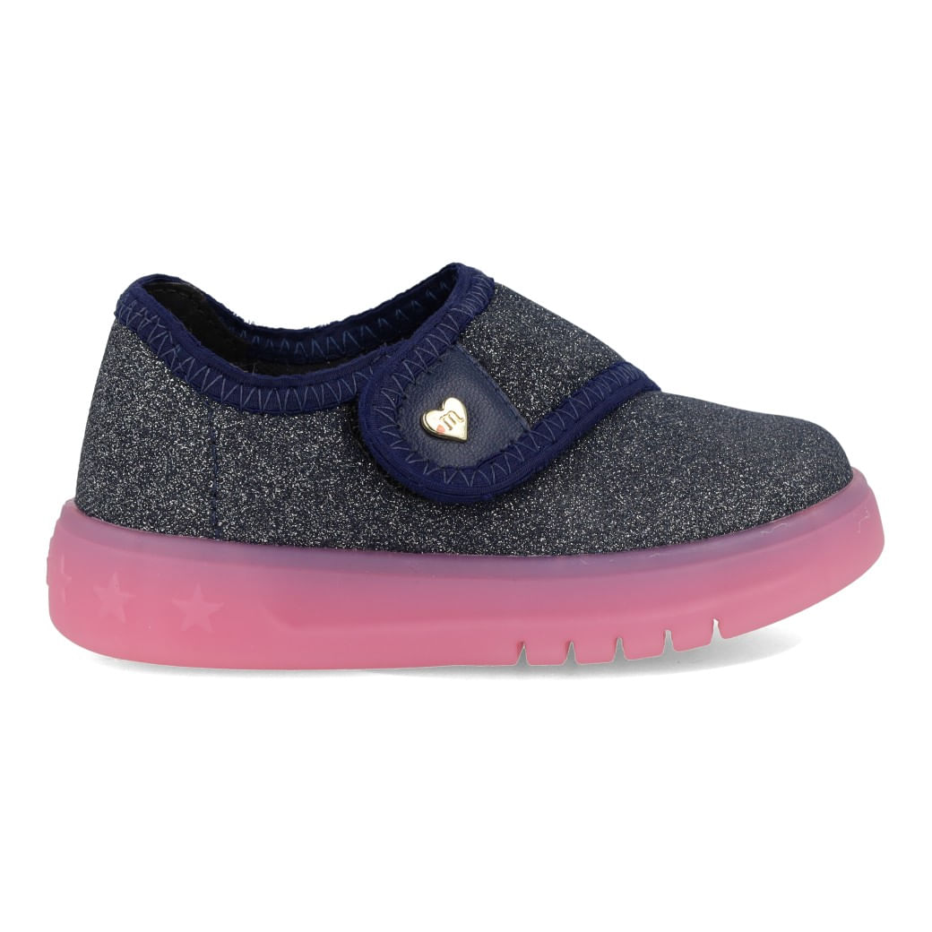 Tênis casual feminino infantil marinho com detalhes prata e solado rosa translúcido