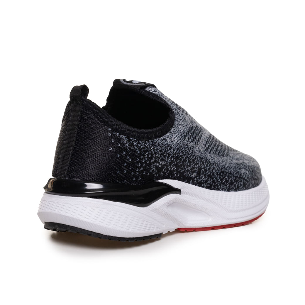 Tênis casual infantil Molekinho Cinza vista traseira lateral direita com solado branco e detalhes em vermelho e preto