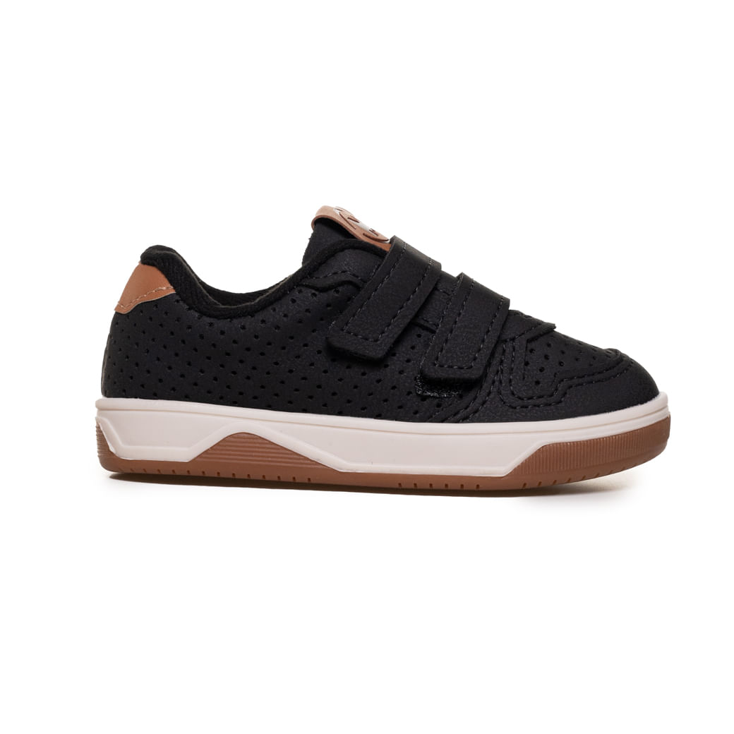 Tênis casual infantil masculino preto com velcro duplo e detalhes em marrom