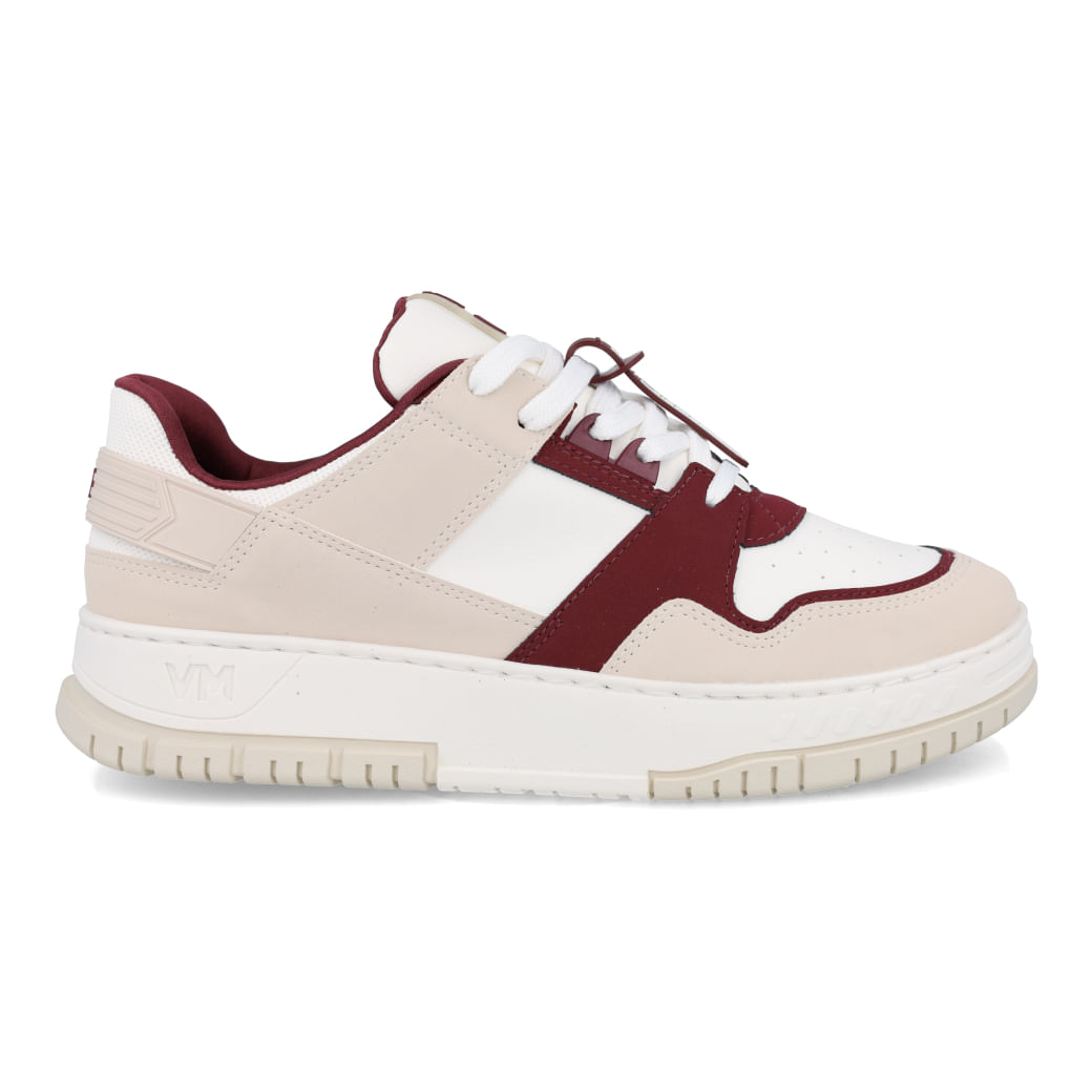 Tênis casual feminino branco com detalhes vinho e bege Via Marte, vista lateral direita, modelo 219-003-07.