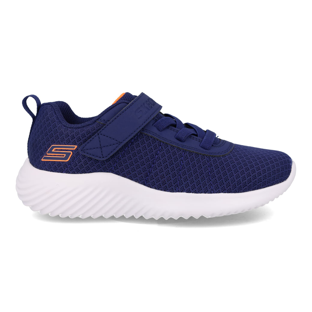 Tênis infantil masculino azul escuro Skechers Bounder com sola branca e fechamento em velcro