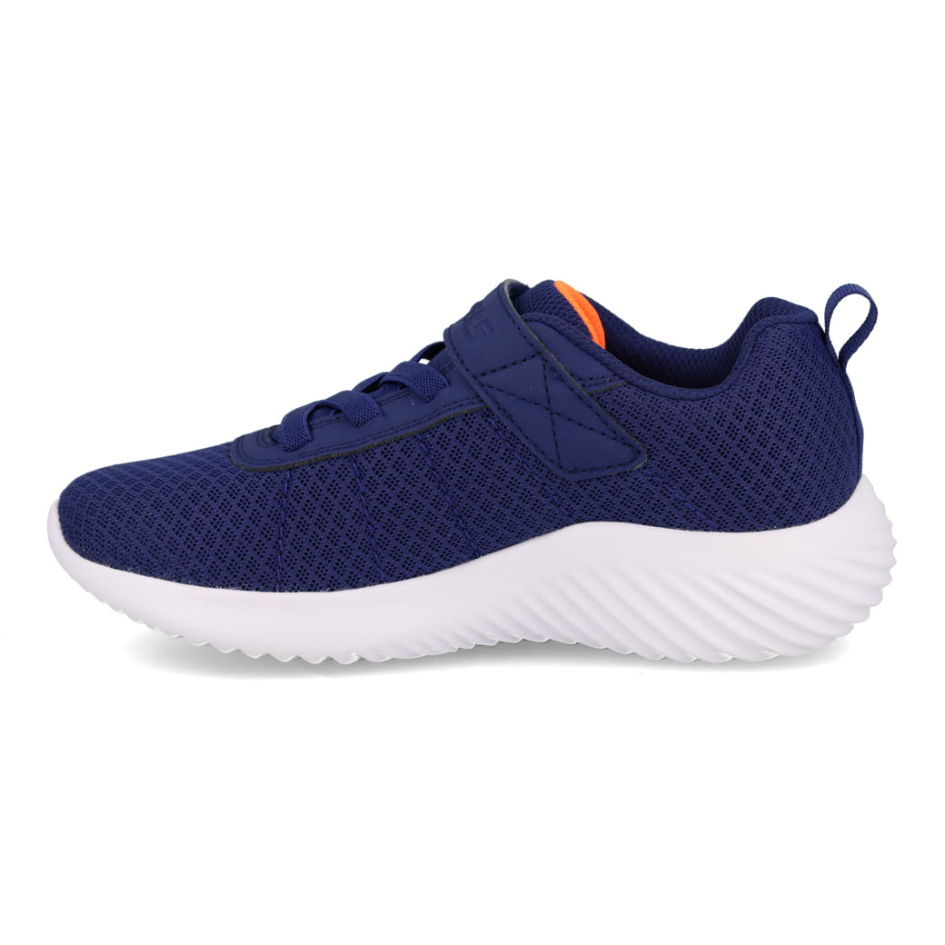 Tênis infantil masculino azul escuro Skechers Bounder com sola branca e velcro