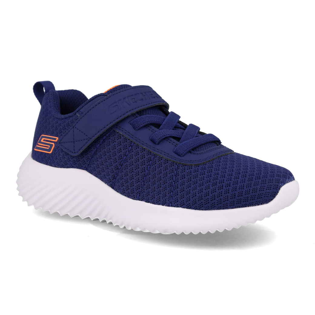 Tênis casual infantil azul escuro Skechers Bounder com sola branca e velcro