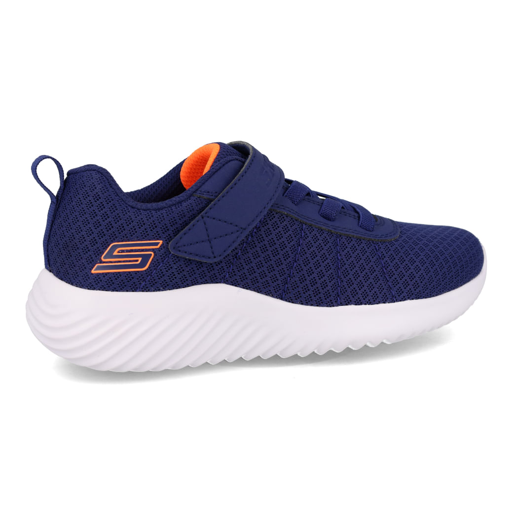 Par de tênis infantis masculino azul escuro Skechers Bounder com sola branca e velcro