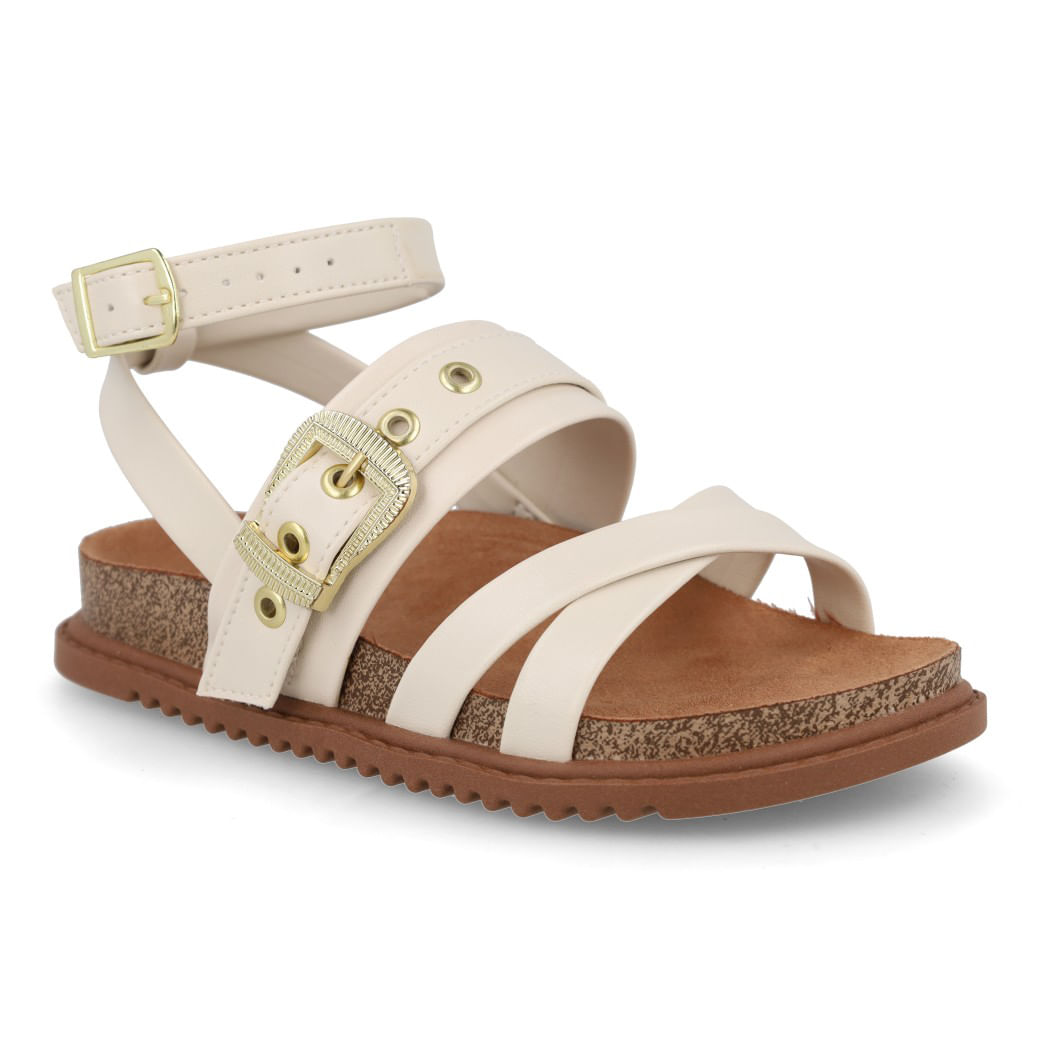 Sandália casual infantil feminina branco off com tiras cruzadas e fivela dourada lateral direita