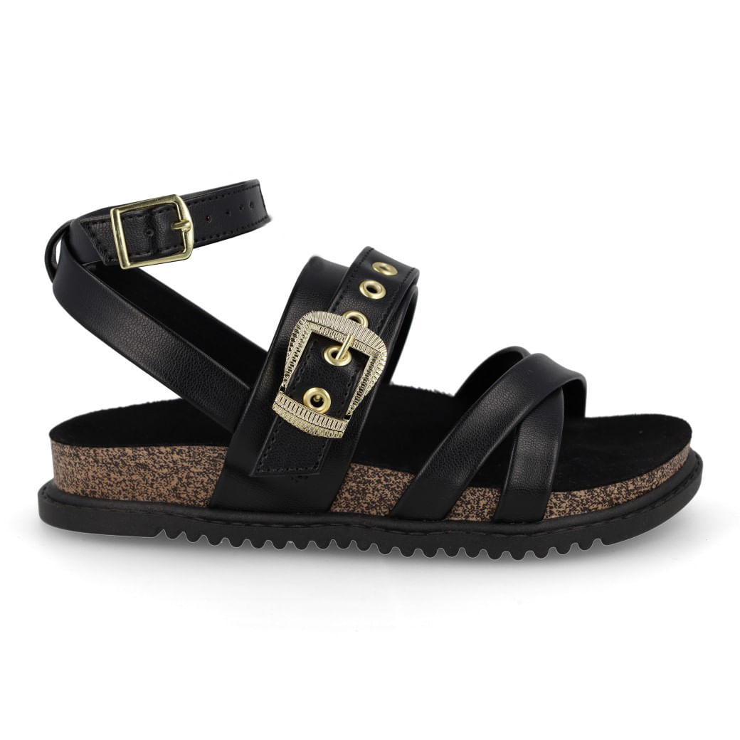 Sandália casual feminina infantil preta com tiras em material sintético e fivela dourada, vista lateral direita.