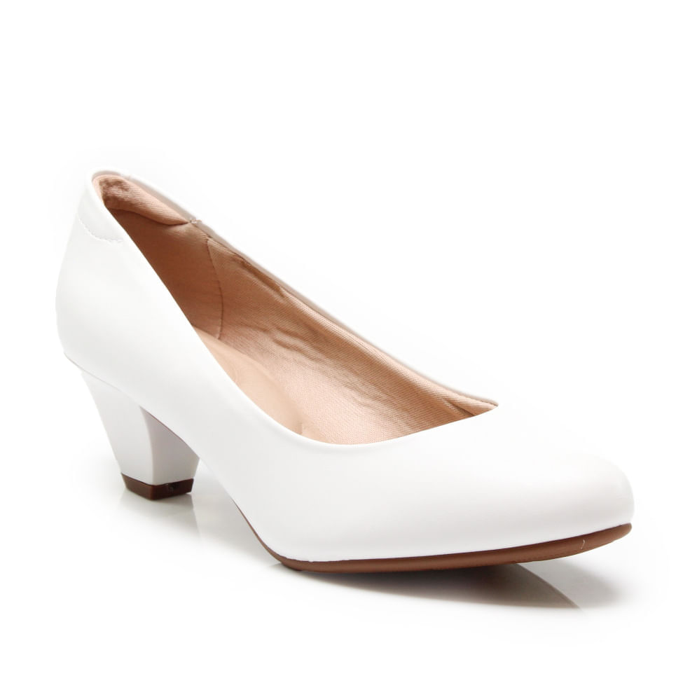 Sapato fechado feminino branco napa salto baixo bico arredondado