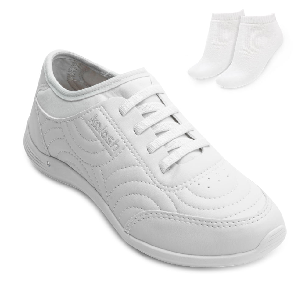 Tênis casual feminino branco Kolosh com acabamento acolchoado, costuras onduladas e par de meias incluído