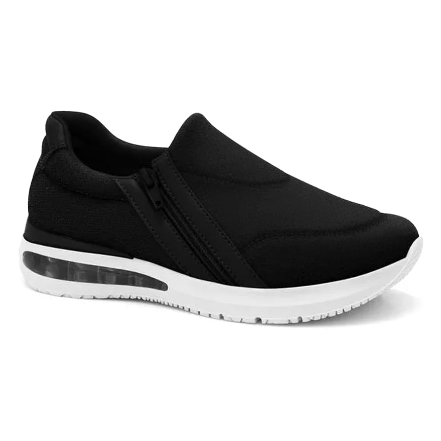 Tênis casual feminino Comfortflex Lycra Soft preto com zíper lateral e sola branca