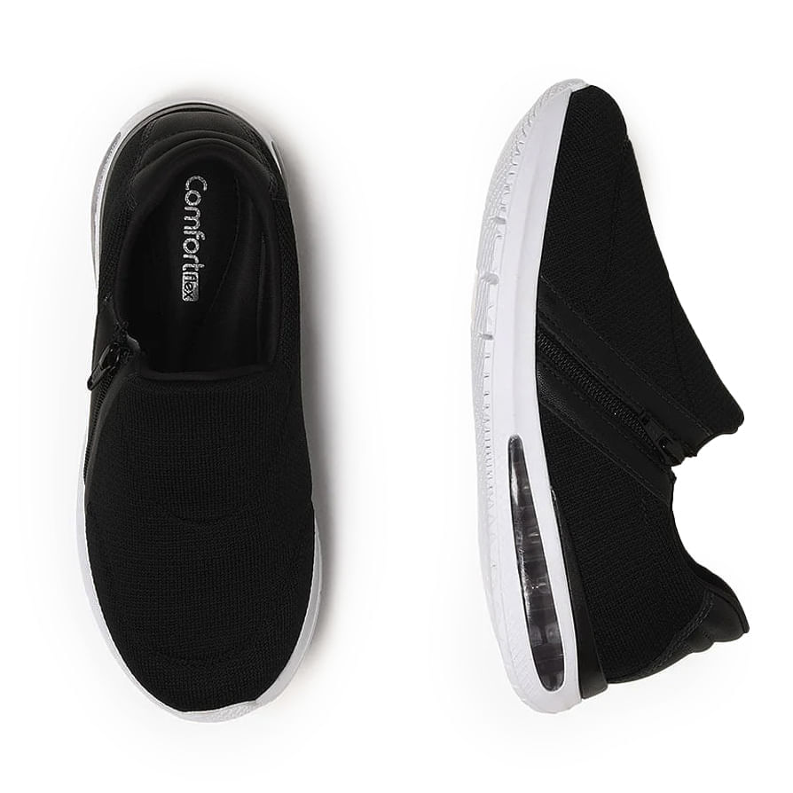 Tênis Comfortflex Lycra Soft feminino preto visto de cima e lateral com sola branca e zíper